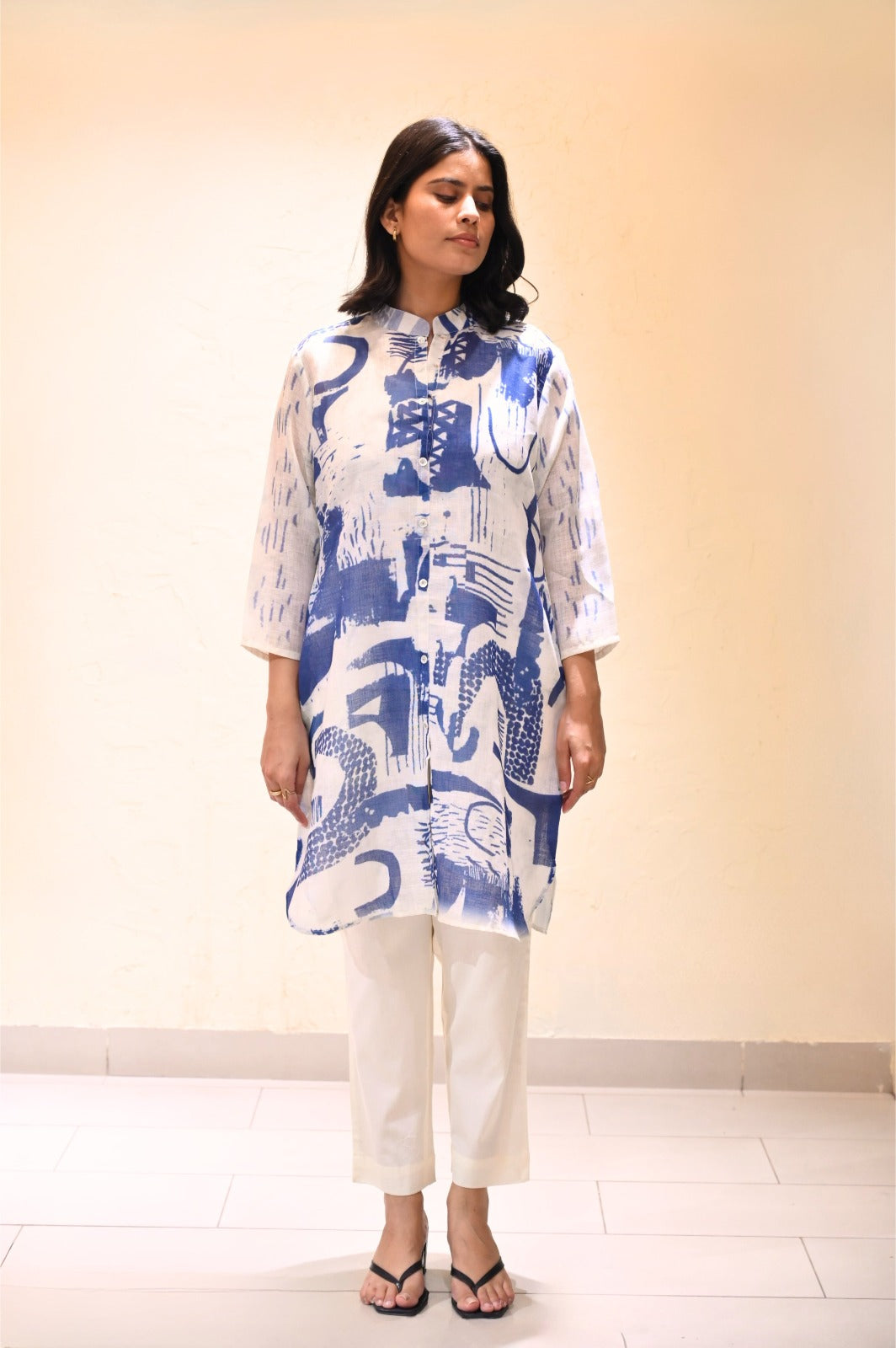 Abstract Blue Linen Kurta