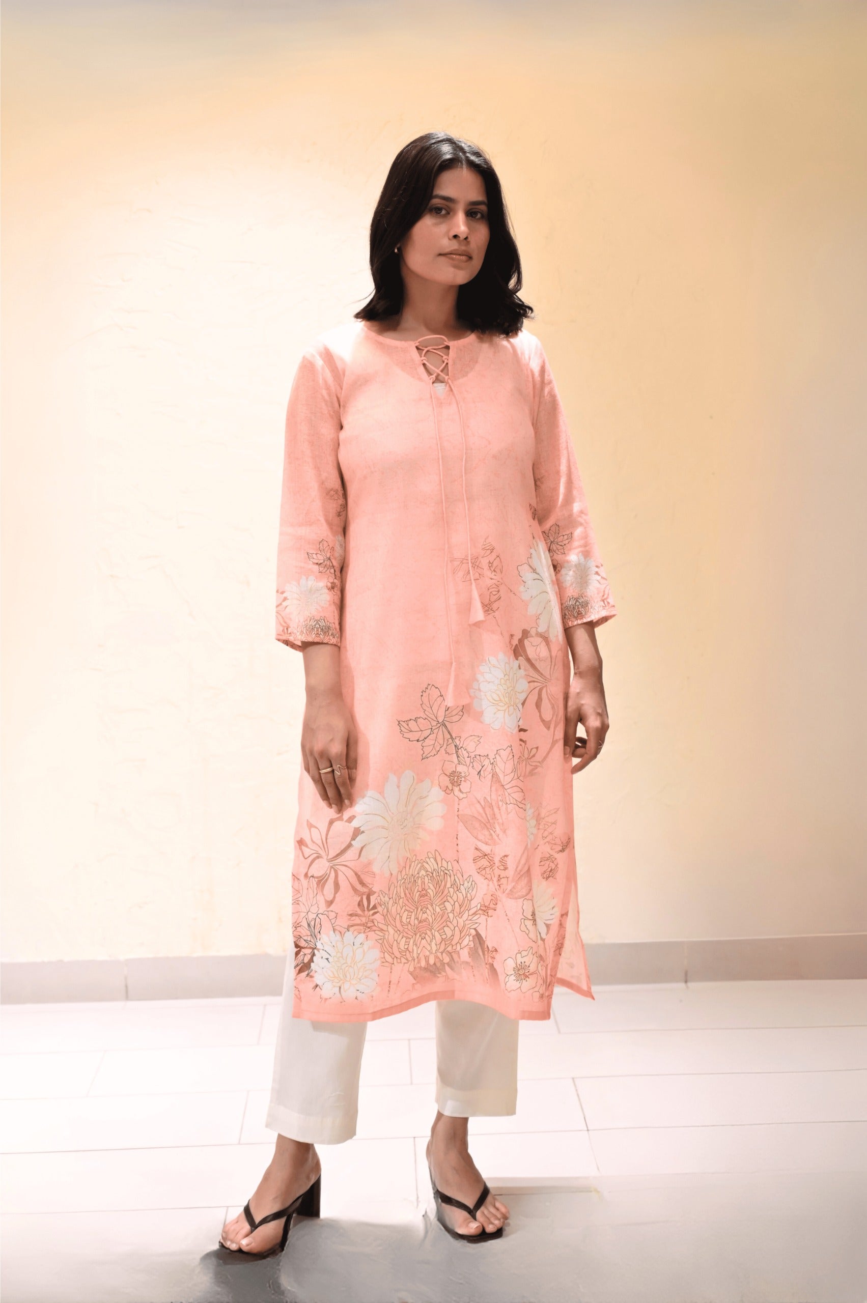 Peach Floral Straight Kurta