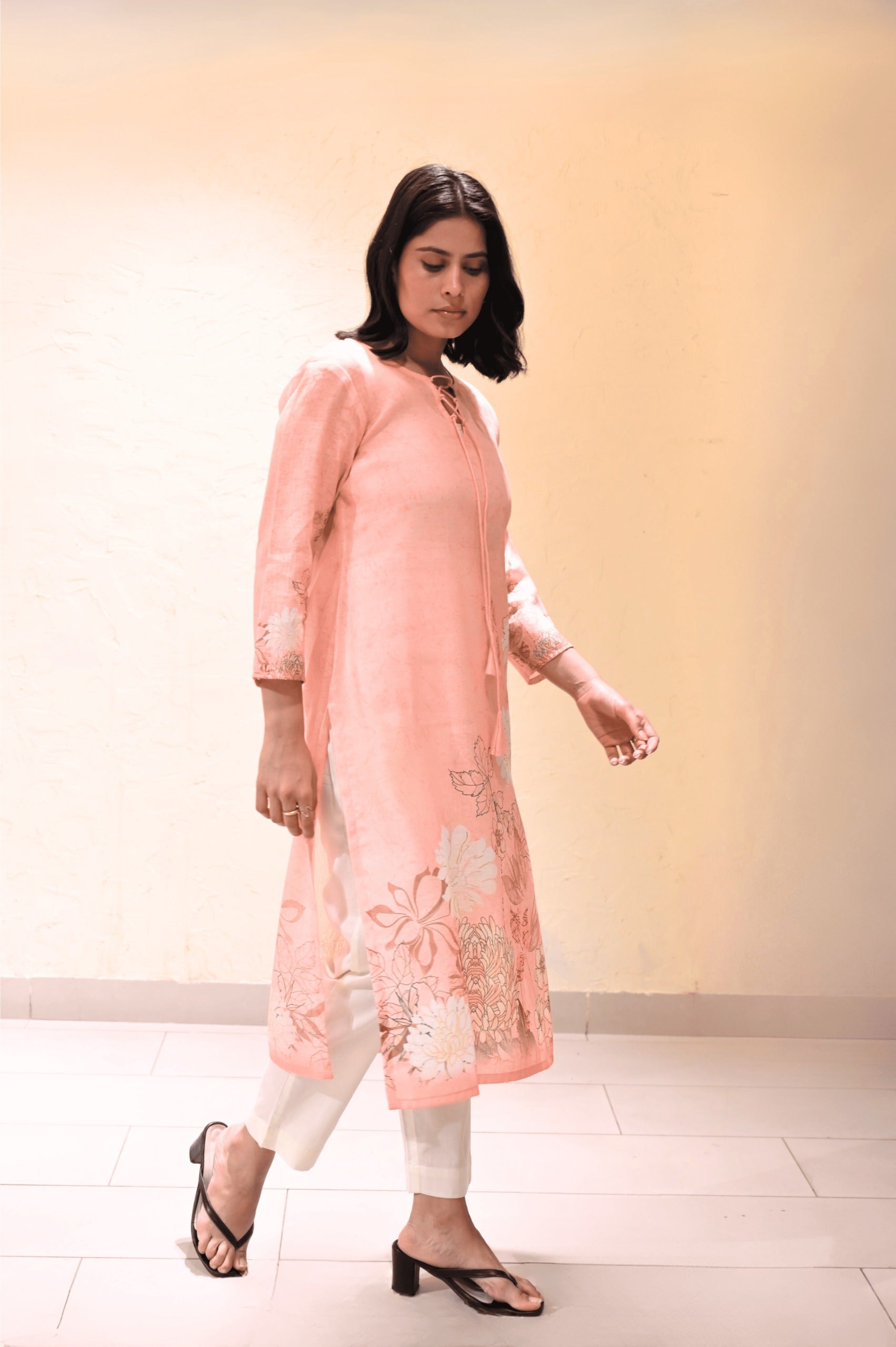Peach Floral Straight Kurta