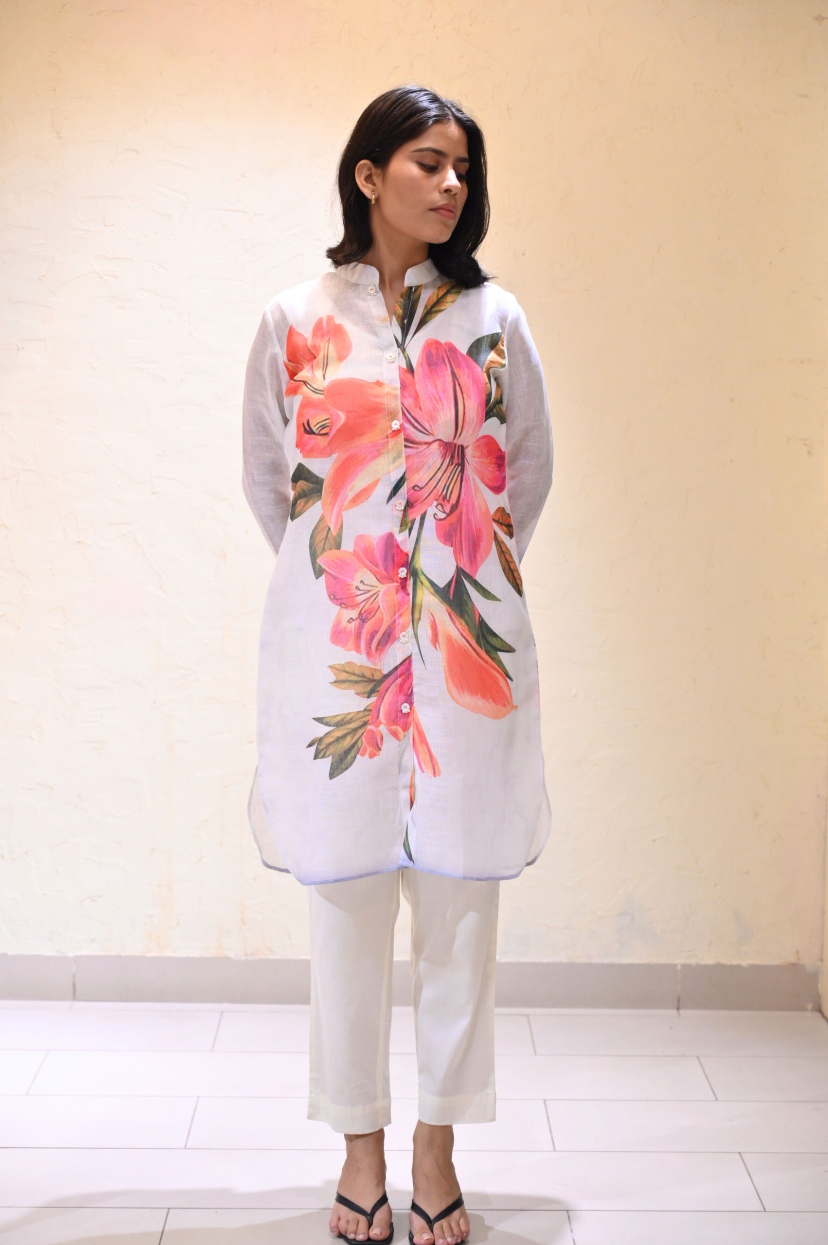 Colourful Blooming Floral Linen Kurta